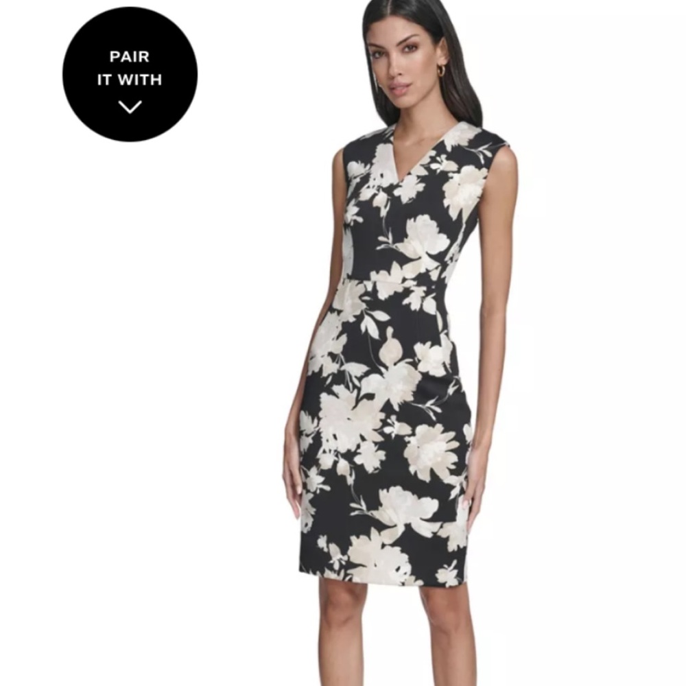 Calvin Klein Collection Black and Cream Floral Midi Dress